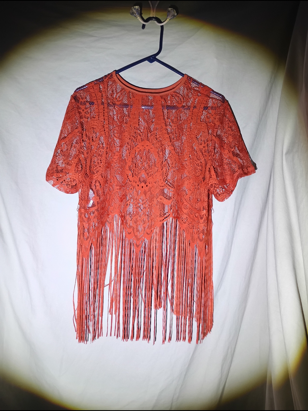 SHEIN Boho Sheer Lace Fringe Crop Top Orange Coral Festival Tee Size XL 12